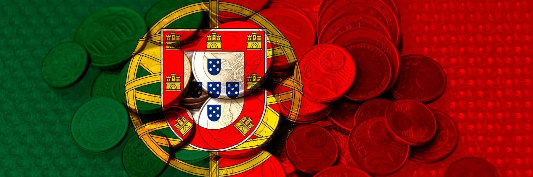 Euro cent coins beneath a translucent Portuguese flag.