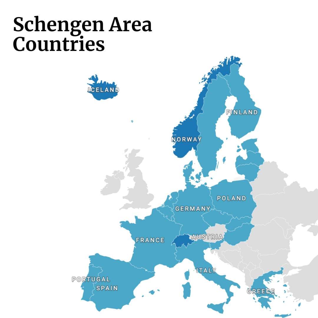 Schengen Area Countries: A stylized map of Europe highlighting all Schengen member states in blue