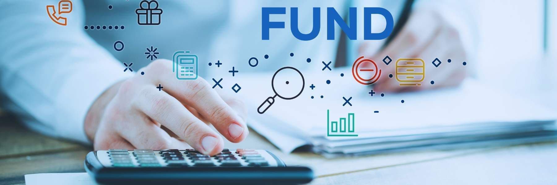 A person’s hand presses a calculator atop a stack of documents, overlaid with financial icons and the word “FUND.”