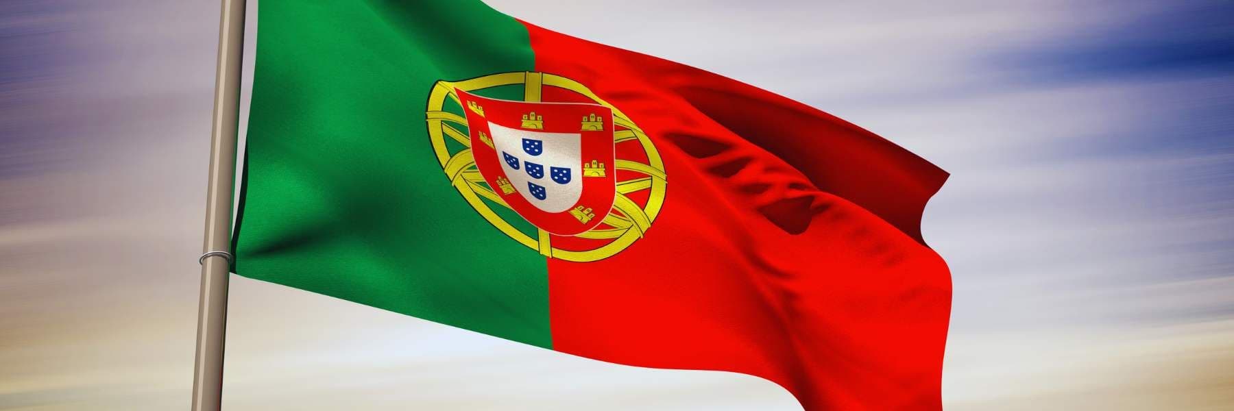 Portuguese national flag waving in the wind against a blurred sky background, showing the red and green colors with the national coat of arms in the center.
