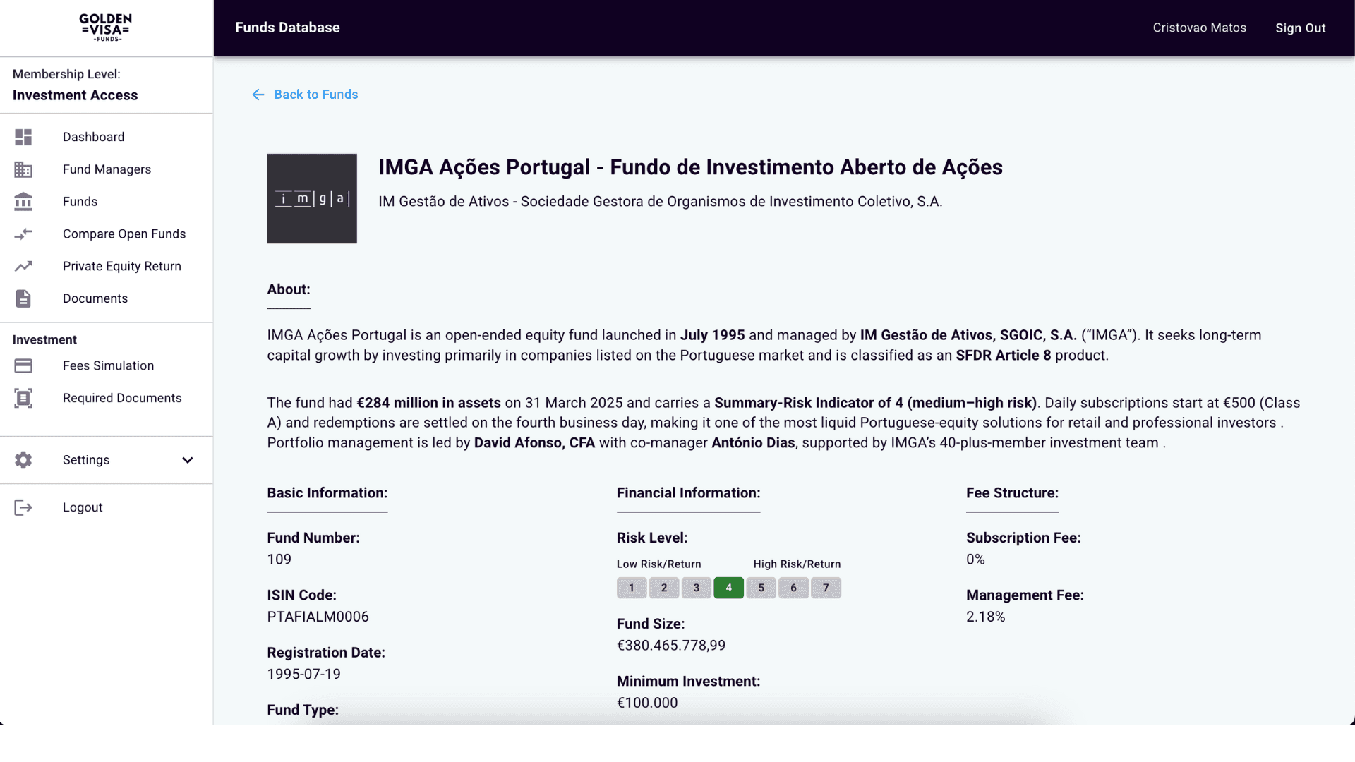 Golden Visa Funds Database fund overview screenshot