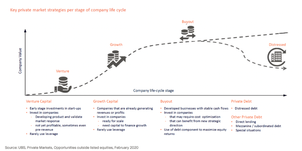 Private market investment strategies mapped to company life-cycle stages