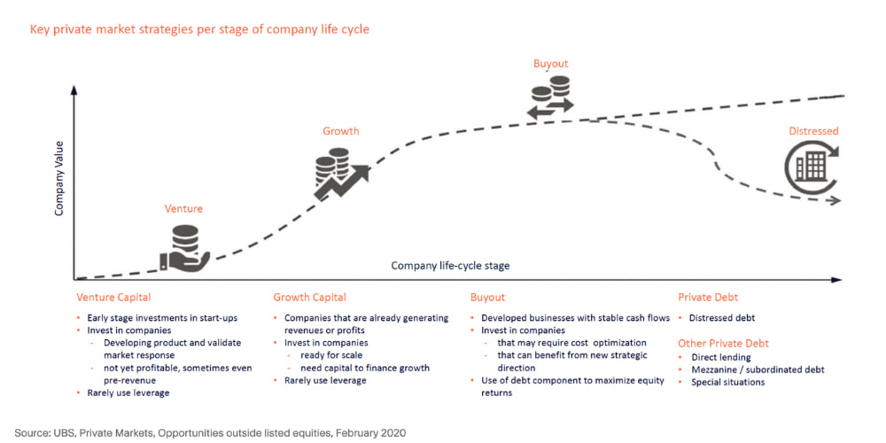 Conceptual company life cycle showing venture, growth, buyout and distressed strategies